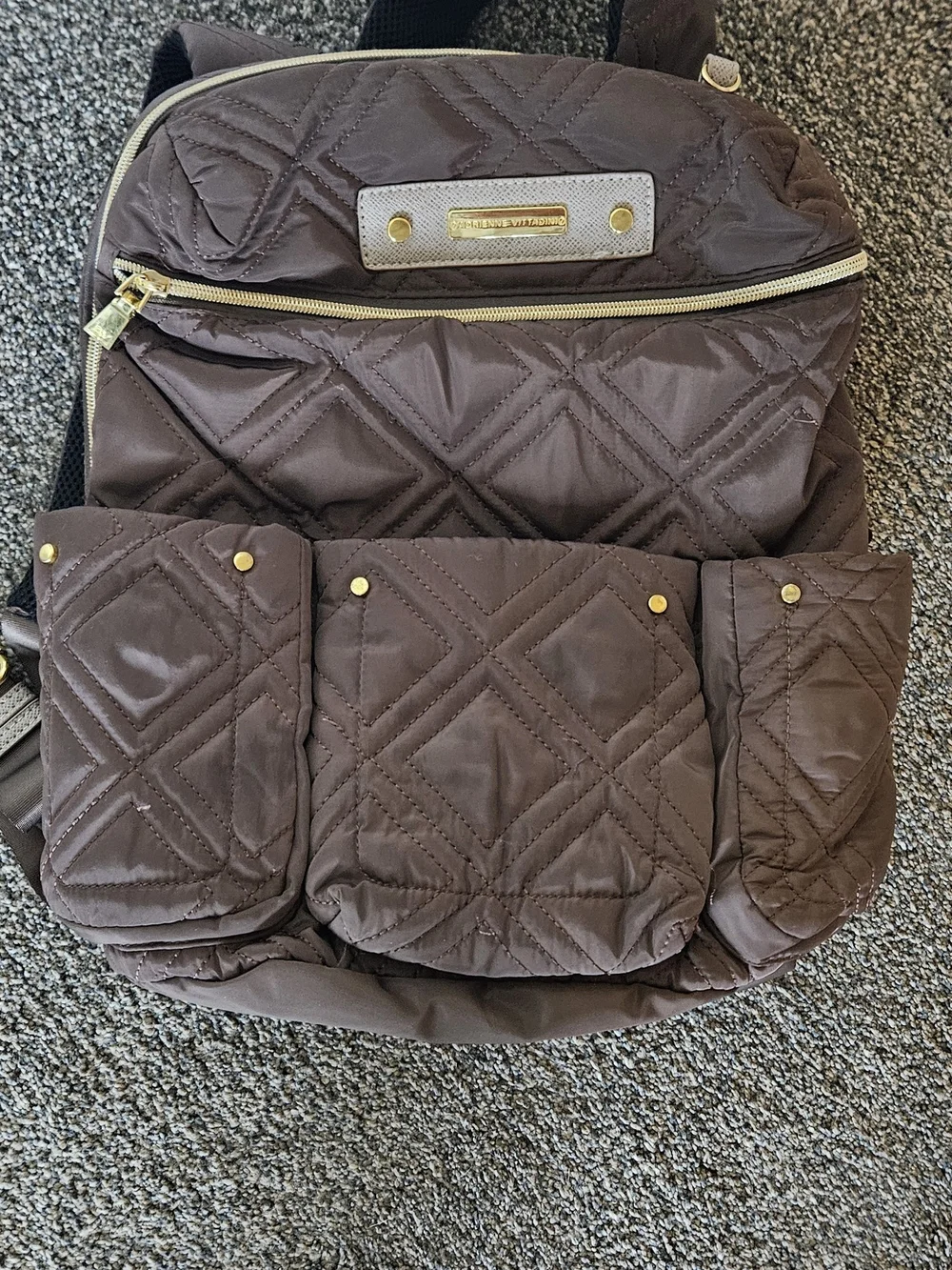 Adrienne Vittadini Quilted Chocolate Brown Backpack with Gold Hardware